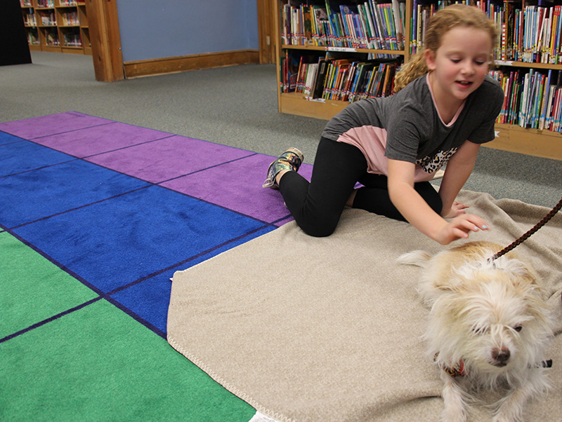 An elementary age girl sits on the floor petting a small white dog. She is smiling.