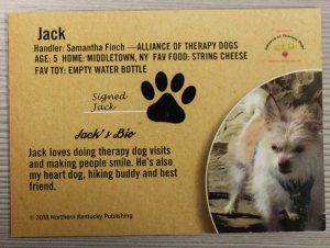 A business card with a picture of a dog on the lower left. He is small with white fur. There is a pawprint in the center and it says Jack.