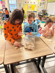 Elementary students stand at a table with shells in a bag.
