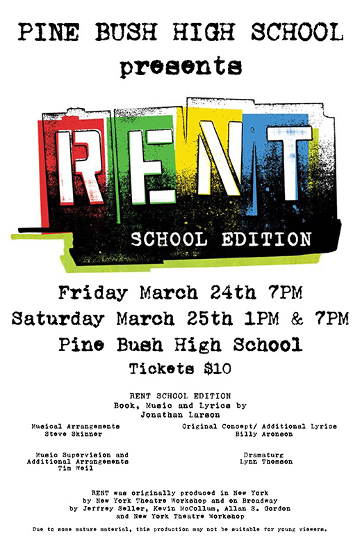 A theater poster for the show Rent. The word is spelled out on red, green yellow and blue squares.