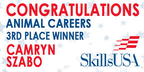 A graphic that says Congratulations animal Careers 3rd place winner camryn Szabo SkillsUSA in red white and blue.