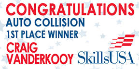 A graphic that says Congratulations Auto Collision first place winner Craig Vanderkooy SkillsUSA in red, white and blue