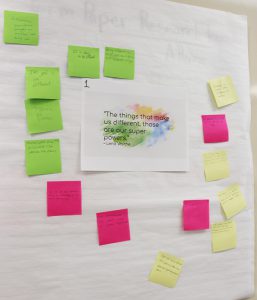 A large white piece of poster paper with green, pink and yellow post-it notes on the perimeter. In the center is a multicolored piece of paper with the quote "The things that make us different, those are our super powers" by Lena Waithe.