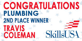 A graphic that says Congratulations Plumbing Second Place Winner Travis Coleman SkillsUSA in red white and blue