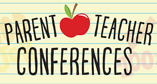 A graphic that has yellow-lined paper as the background. It says Parent Teacher Conferences with a red apple between parent and teacher.