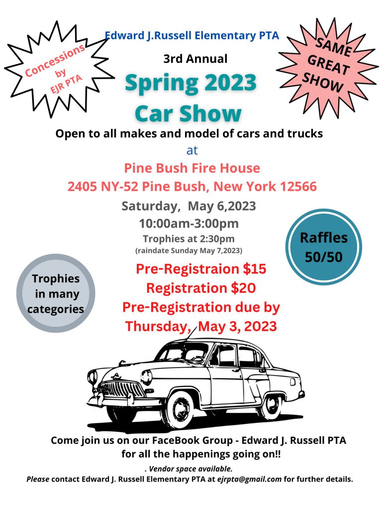 A flyer with a car on it saying Spring 2023 car show