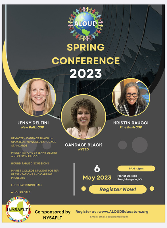 A black flyer with gold and white writing. It says ALOUD Spring Conference 2023 and has pictures of three women in individual circles.