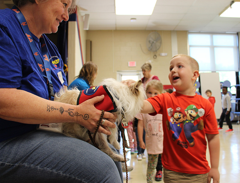 A little boy wearing a red shirt smiles broadly as he pets a little white dog being held by a woman wearing a blue shirt.