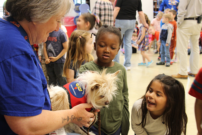 A girl bends down and smiles at a little white dog who is sitting on a woman's lap. Another kid is standing there looking at the dog too.