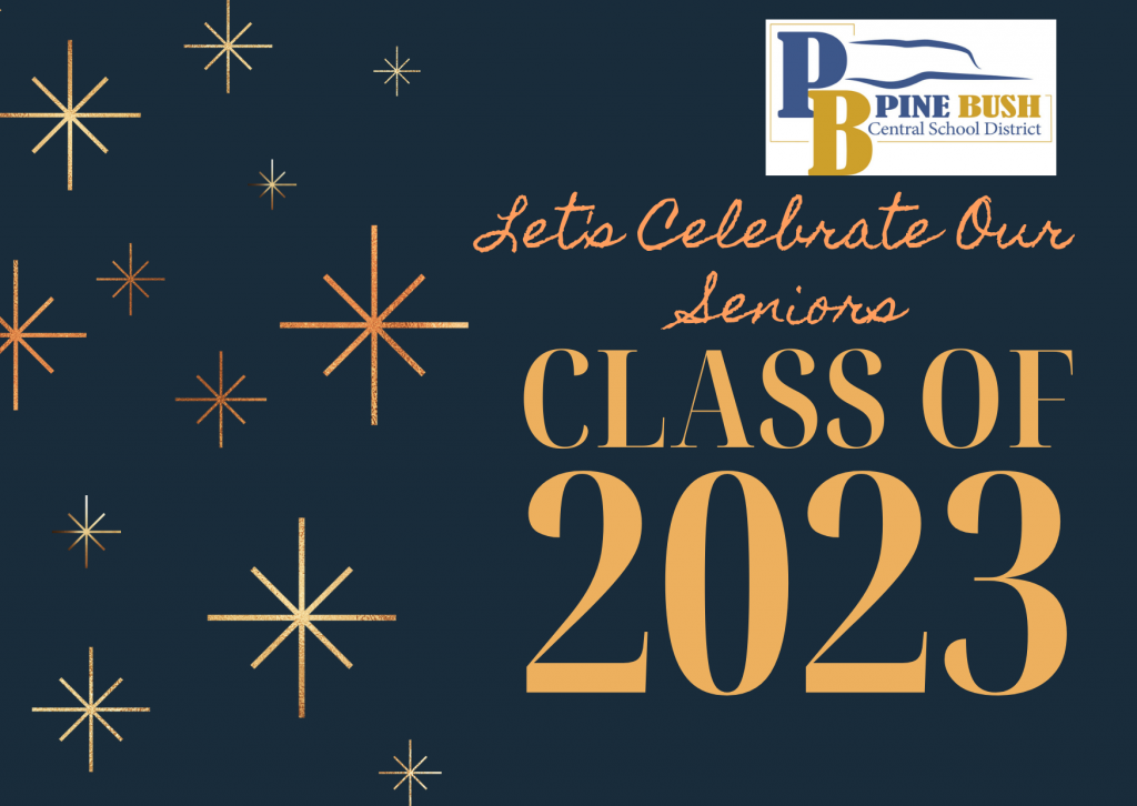 A blue background with gold stars and lettering that says Let's Celebrate Our Seniors Class of 2023