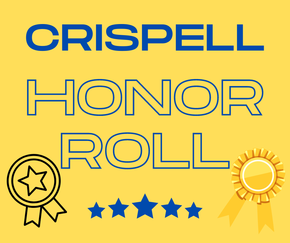 A gold background. In blue it says Crispell Honor roll. At the bottom there are blue stars and a black and a gold ribbon.