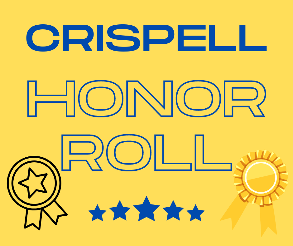 A gold background. In blue it says Crispell Honor roll. At the bottom there are blue stars and a black and a gold  ribbon.