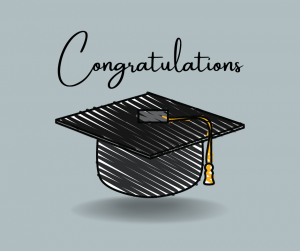 Congratulations is written in script at the top and there is a drawing of a black cap with a gold tassel.
