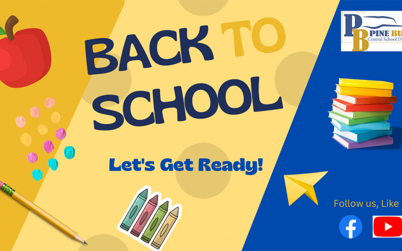 A blue and gold graphic that says Back to School with pictures of an apple, paint dots, pencil, crayons, books and a paper airplane.