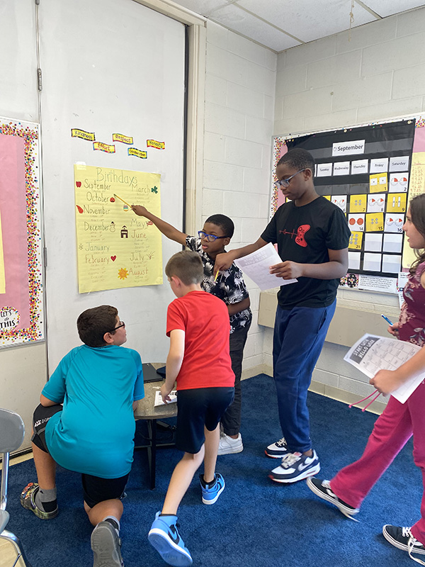 A group of five fifth-grade students work together. One is pointing to a chart on a wall.