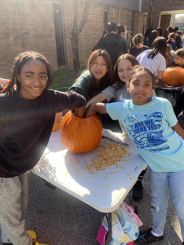 Four middle school girls put their hands into a cut pumpkin, digging for seeds.
