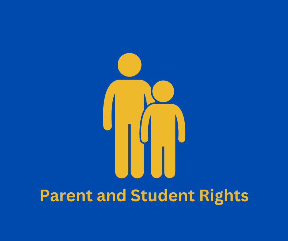 A blue square with figures of an adult and a child drawn on. The words Parent and Student Rights are underneath the graphic.