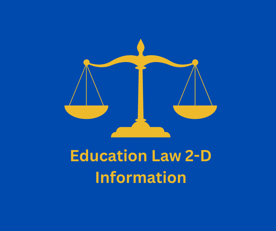 A blue square with the scales of justice on it in gold with the words Education Law 2-D Information