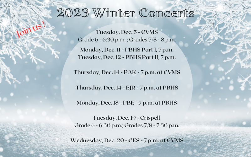 A light blue background with snowflakes falling and frosted branches in the two upper corners. The heading says 2023 Winter Concerts. there is a list of concerts below the heading.