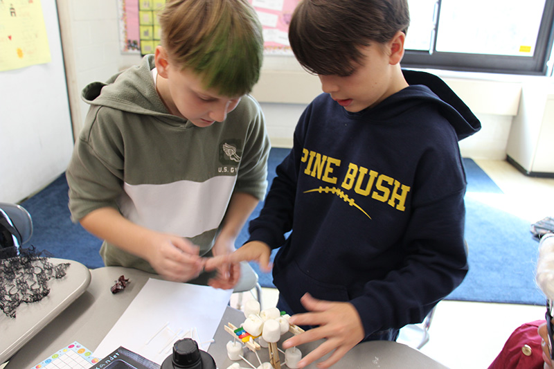 Two fifth-grade boys work together on building a bridge with Q-tips, marshmallows and other materials.