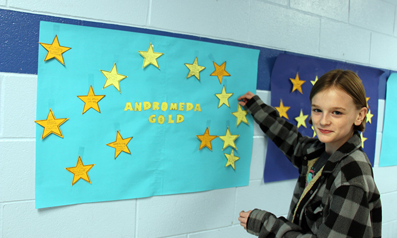 A middle school boy puts a gold star on a blue poster.