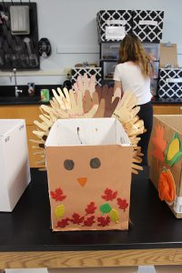 A box decorated as a turkey sits on a table.