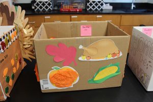 A box decorated with pictures of a turkey, red leaf, pumpkin and corn sits on a table.