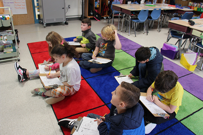 A group of seven second-grade students sit on a multi-colored rug and take notes.