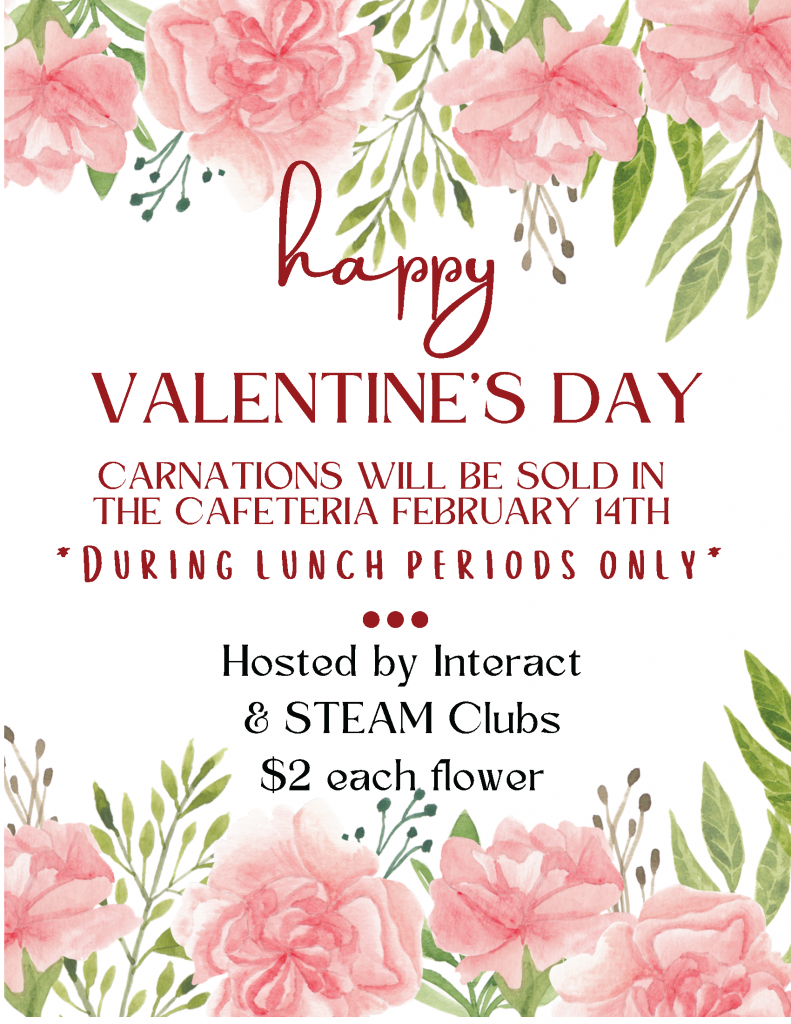 A white background with pink carnations along the top and bottom. It says Happy Valentine's Day Carnations will be sold in the cafeteria February 14th during lunch periods only Hosted by Interact andSTEAM Clubs. $2 each flower.
