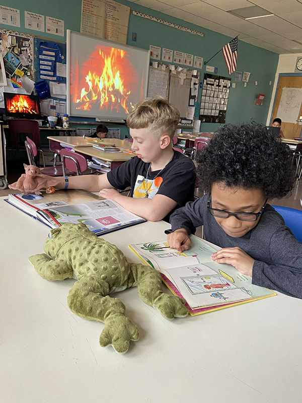Two fourth grade boys sit at a table reading books with a photo of a fireplace on the wall and a stuffed frog on the table.