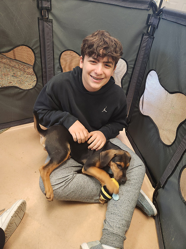 A middle school age boy with short brown hair smiles as he pets a black and brown puppy.