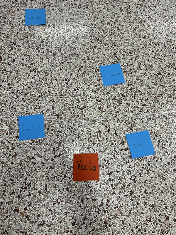 Pieces of blue and red paper on a floor, showing the stride of different people.
