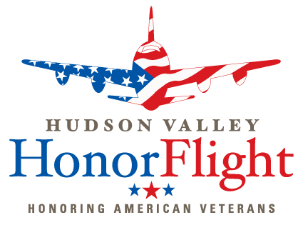 A white background with the shape of an airplane at top with red and white stripes and blue and white stars. It says Hudson Valley Honor Flight Honoring American Veterans