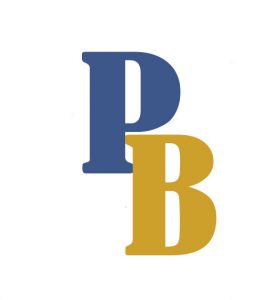 A blue P and a gold B forms the PB logo