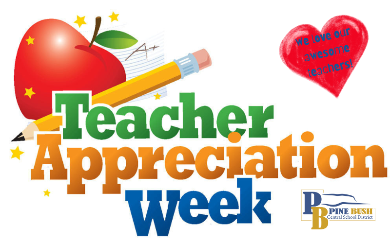 A white background with a red apple in the upper left corner. It says Teacher Appreciation Week. There are stars and hearts around it.