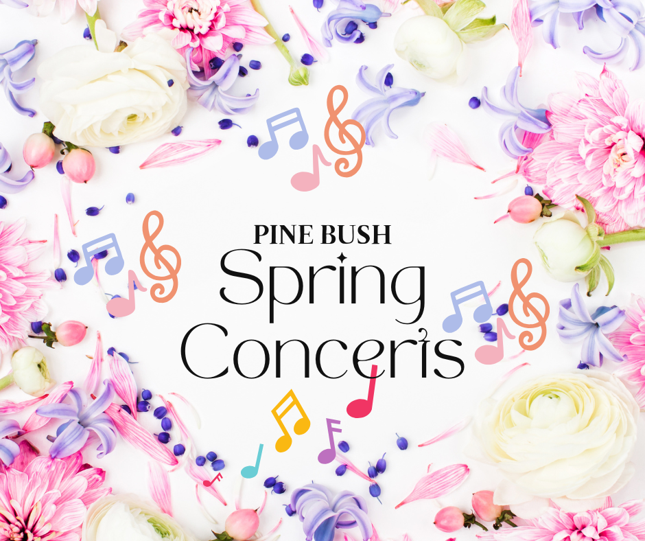 colorful flowers all around the four sides with a few music notes scattered about. it says Pine Bush Spring Concerts