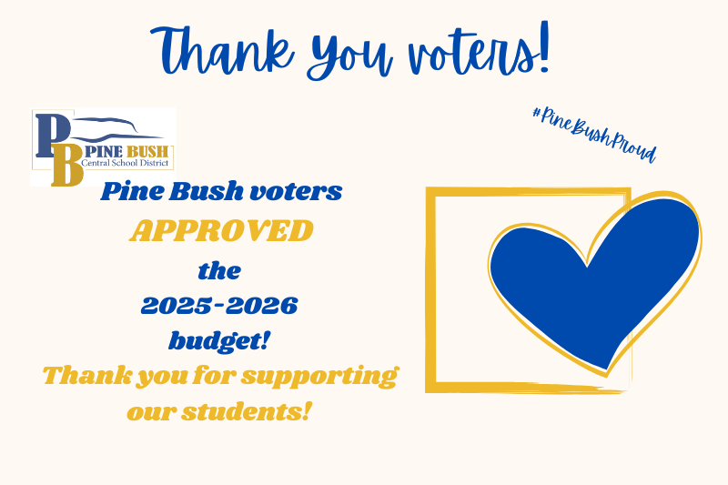 A white background with blue letters at top that say Thank you voters! Pine Bush voters approved the 2025-2026 budget! Thank you for supporting our students. There is a blue heart in a gold box on the right.