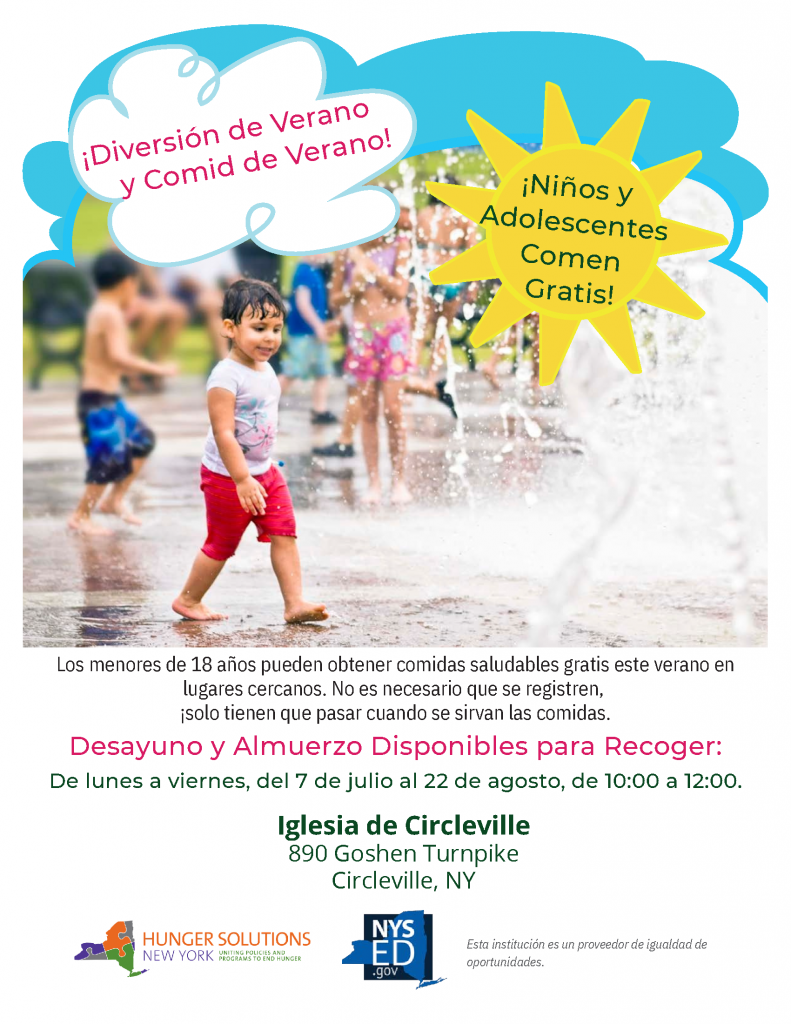Un folleto con un niño chapoteando en el agua que anuncia desayuno y almuerzo gratuitos para recoger de lunes a viernes, del 7 de julio al 22 de agosto en Circleville Church, 890 Goshen Turnpike. de 10 a 12 h.