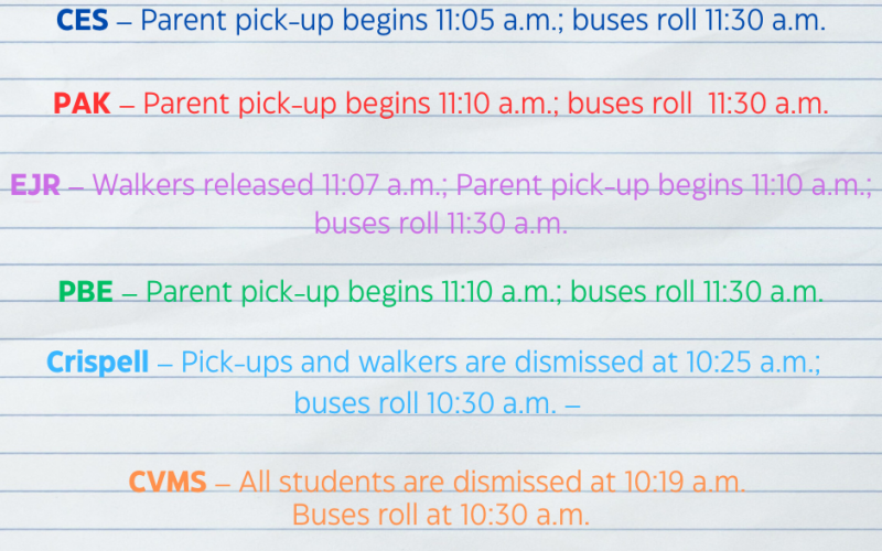 Background looks like loose leaf paper and there are dismissal times listed for seven schools.