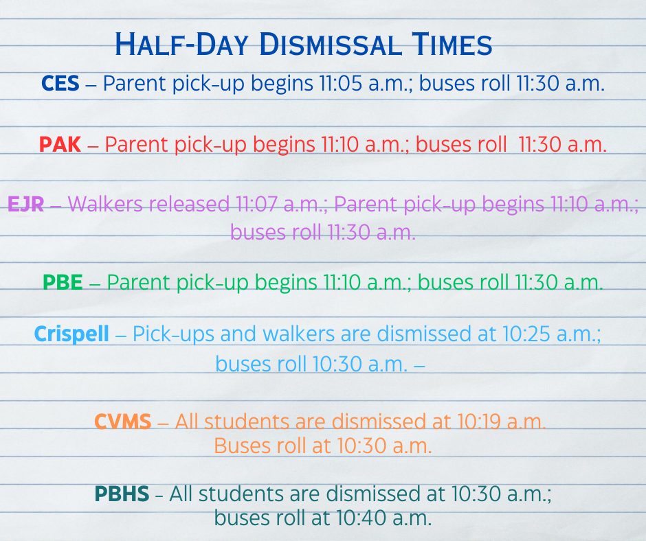 Background looks like loose leaf paper and there are dismissal times listed for seven schools.
