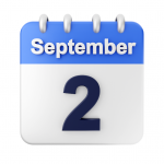 A page on a flip calendar showing September 2. The top third is blue with white letters and a black 2 on white below.