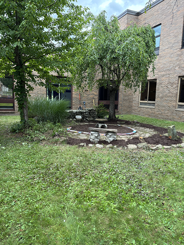 A tree in a courtyard. A circle of painted bricks are around its base.