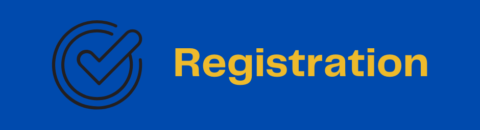 A blue background. On the left is a circle with a check mark in it. On the right in gold letters it says Registration