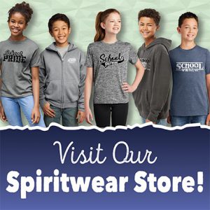 A square. On the top is a picture of five elementary students. On the bottom, written white on blue, says Visit Our Spiritwear Store!
