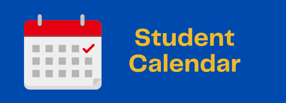A blue background. On the left is a graphic of a flip calendar with a check mark on one of the days. On the right it says Student Calendar