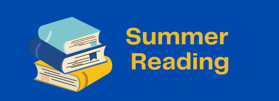 A blue background. On the left there are three books piled up. On the right it says Summer Reading in gold.