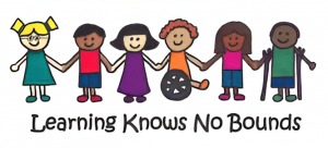 A white background. There are drawings of six different children holding hands in a line. Underneath it says Learning Knows No Bounds