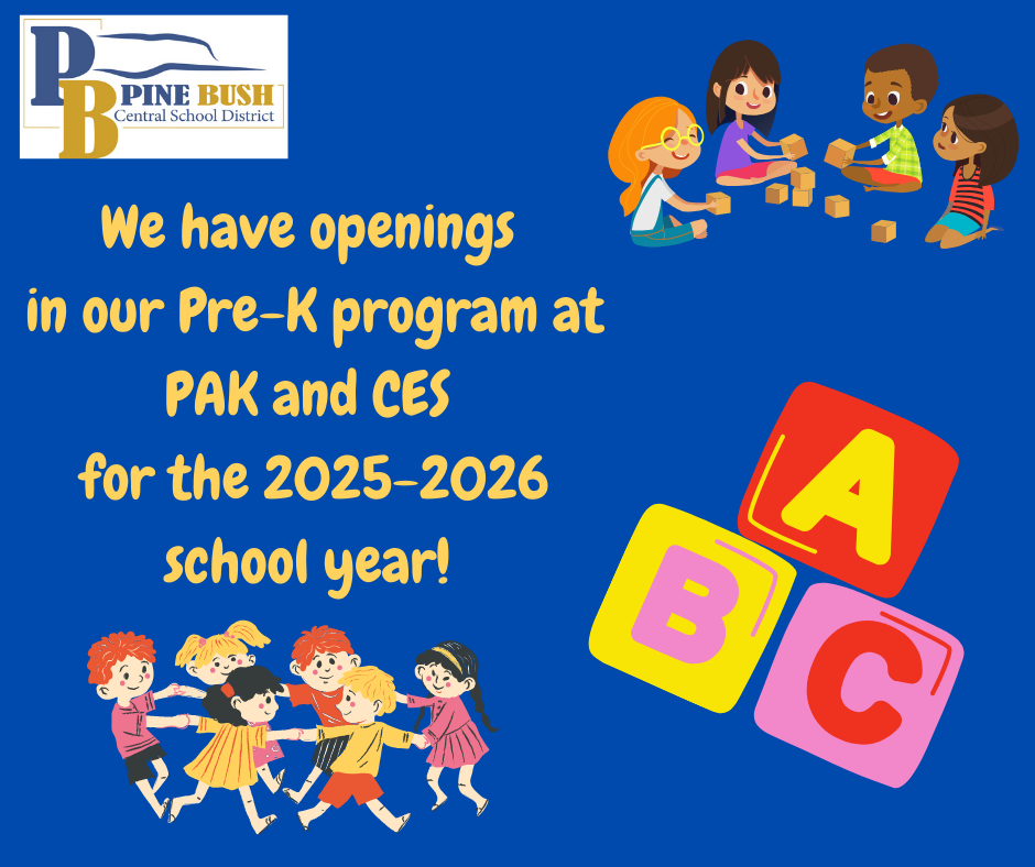 A graphic - blue background with blocks that say ABC and groups of children playing together. It says We have openings in our Pre-K program at PAK and CES for the 2025-2026 school year!