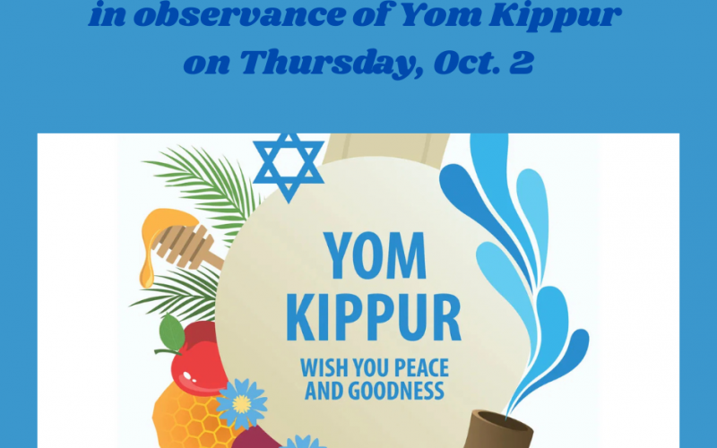 A light blue background. Text say Pine Bush Schools will be closed in observance of Yom Kippur on Thursday, Oct. 2. Wish you peace and goodness. The graphic shows honey, apples greenery, a shofar and star of David.
