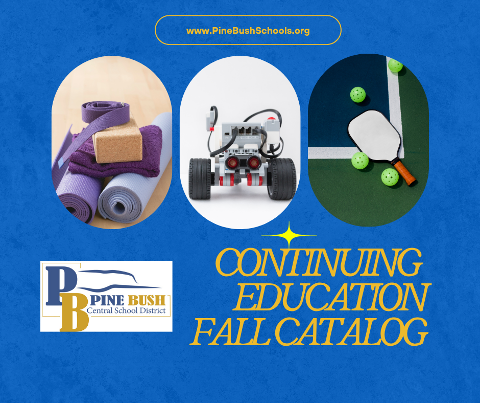 A blue background with three pictures - yoga equipment, robotics and a pickleball paddle and balls. It says Continuing Education Fall Catalog